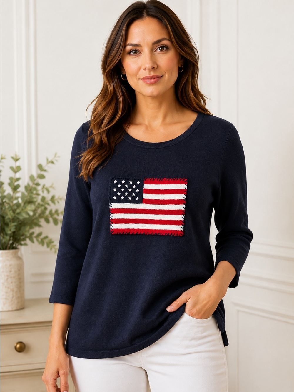 Rafaella 1X Navy American Flag Knit Sweater Top Patriotic